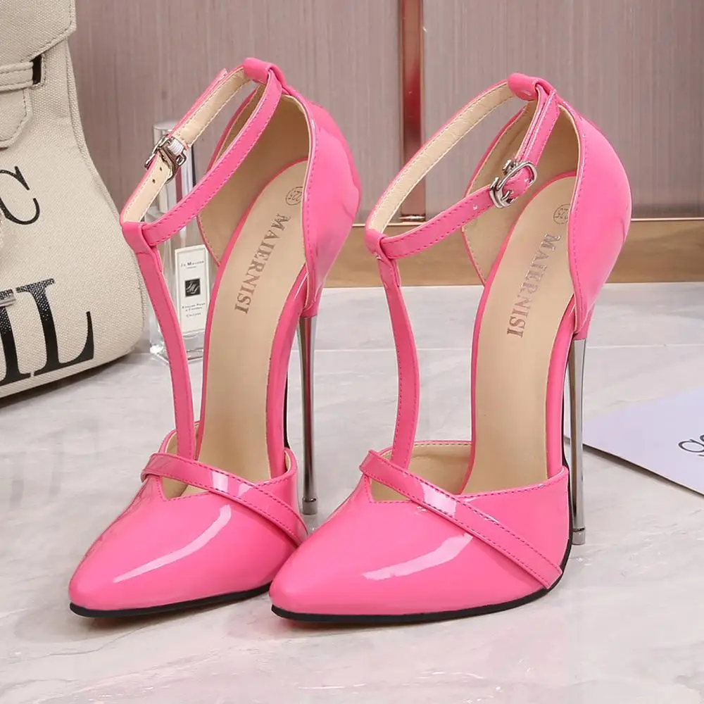 16cm Very High Heels T-strap Metal Stiletto Ladies Pumps Fetish Pole Dance Heeled Sandals Women Shoes Roman Style Big Size 46