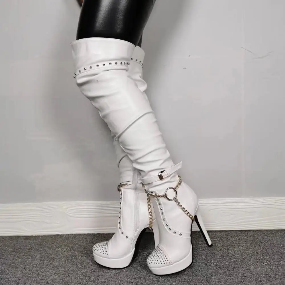 Olomm Women Platform Knee High Boots Sexy Rivets Stiletto Heels Round Toe White Club Wear Shoes Women Plus US Size 5-15