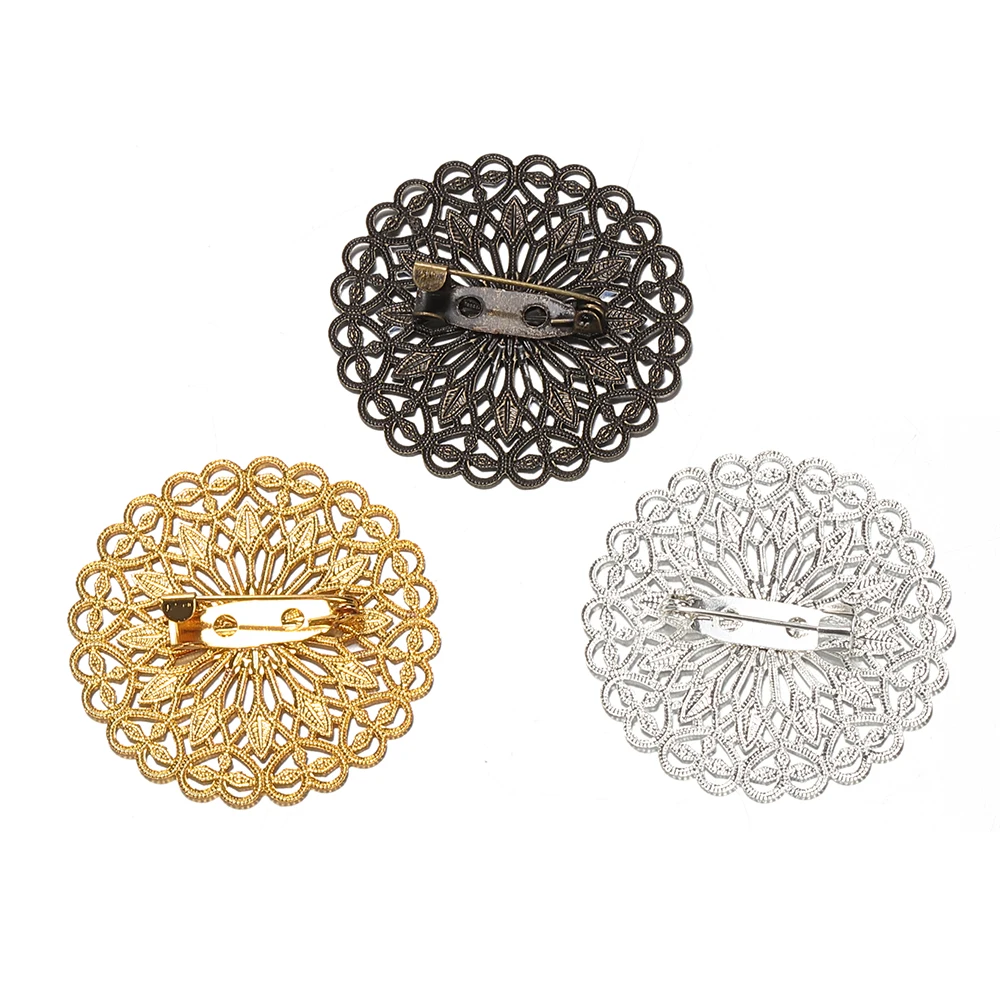 5pcs/lot Brooch Pin Clip Base 38mm Round Hollow Out Brass Filigree Flowers Disc Brooch Buckle for Jewelry Making DIY Accessories