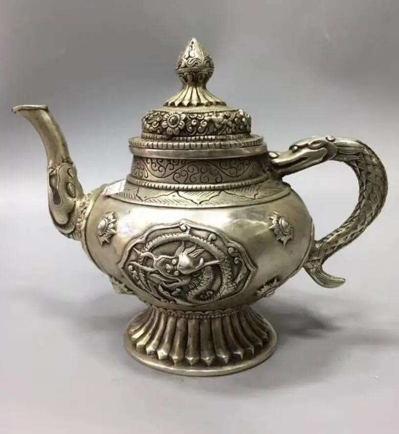 

China White copper Dragon Motif Flagon teapot crafts statue