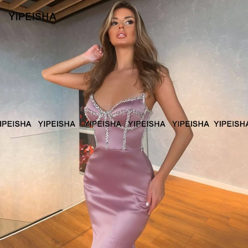 Yipeisha-Vestido de noite sereia com alças de espaguete, vestido longo acetinado, vestidos elegantes e frisados, vestido de coquetel