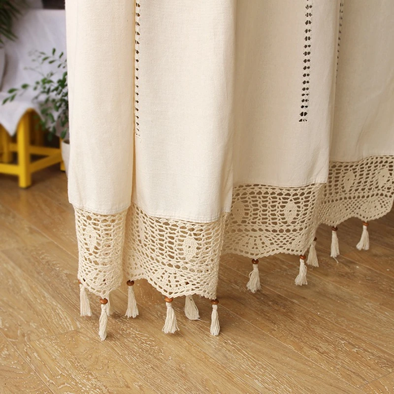 Linen Hollow Solid Curtain Handmade Crochet Bottom Stitching 70% Blackout Window Curtain Customizable for Living Room
