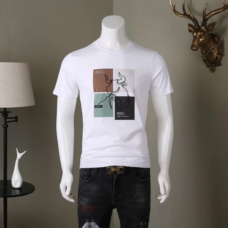 Short Men Sleeve O-Neck T Shirt Summer New Animal Printing Slim Fit Tops Casual Cartoon White Pullover T Shirt Plus Size 4XL