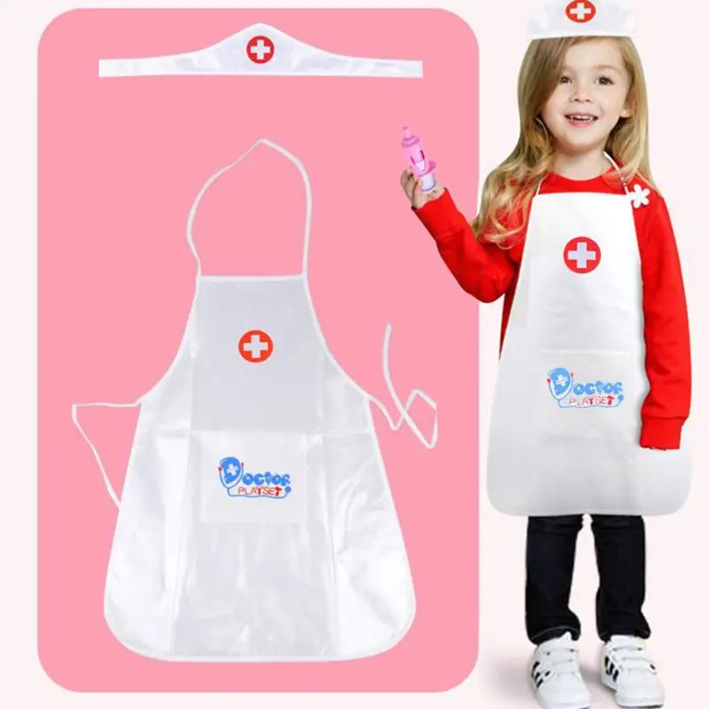 Children Kids Doctor Nurse Cosplay Costume Adjustable Apron with Headdress Hat Uniforms Performance Halloween Party Wear