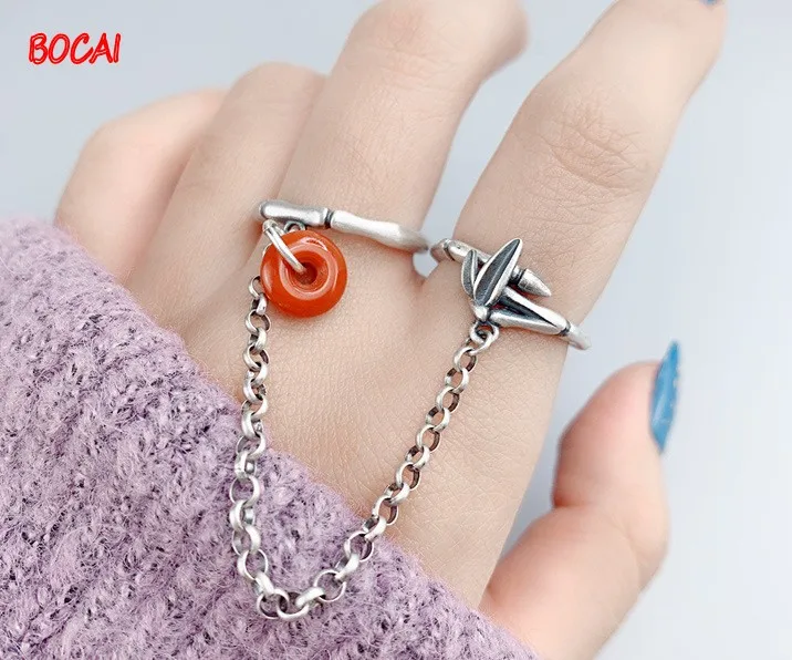 New style 925 sterling silver bamboo two-piece ring, female open ring, high rise ring, a two-wear Chinese style jewelry