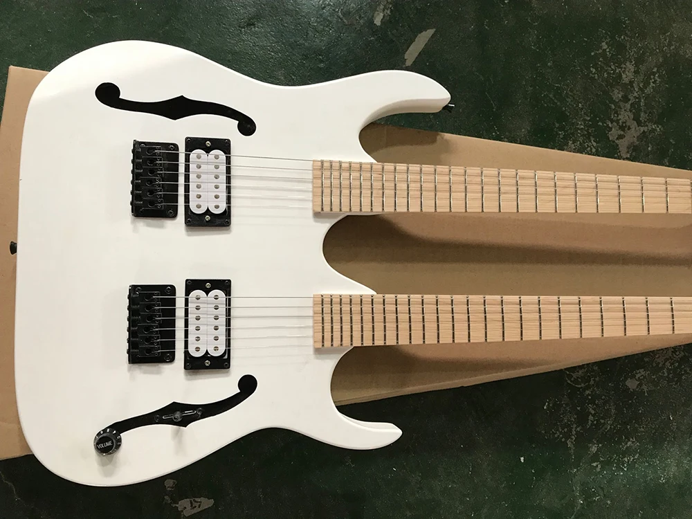 White 6+6 Strings Double Necks Electric Guitar with Semi-hollow Body,Maple Fretboard without Inlay