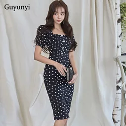 Dot Office Lady Dress Summer Elegant Party Dress Sexy Square Collar manica a sbuffo Single-Row Button vita alta vestito stretto da donna