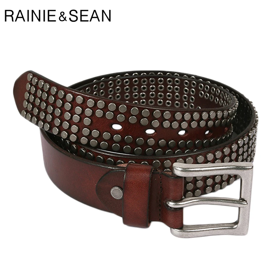 RAINIE SEAN Men's Pin Buckle Belt Genuine Leather Rivet Belts Male Punk High Quality Real Cow Leather Fashion Square Belt Jeans