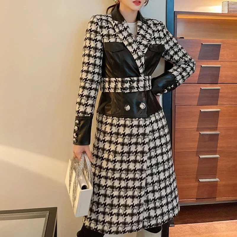 Womens Classic Slim Plaid Spliced Leather Woolen Coat Office Lady Single Breasted Turn-Down Collar Pockets Winter Long Coat