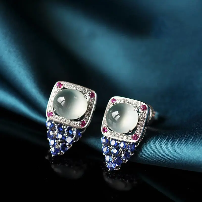 Original new silver diamond natural ice egg round chalcedony earrings luxury high-end elegant ladies jewelry