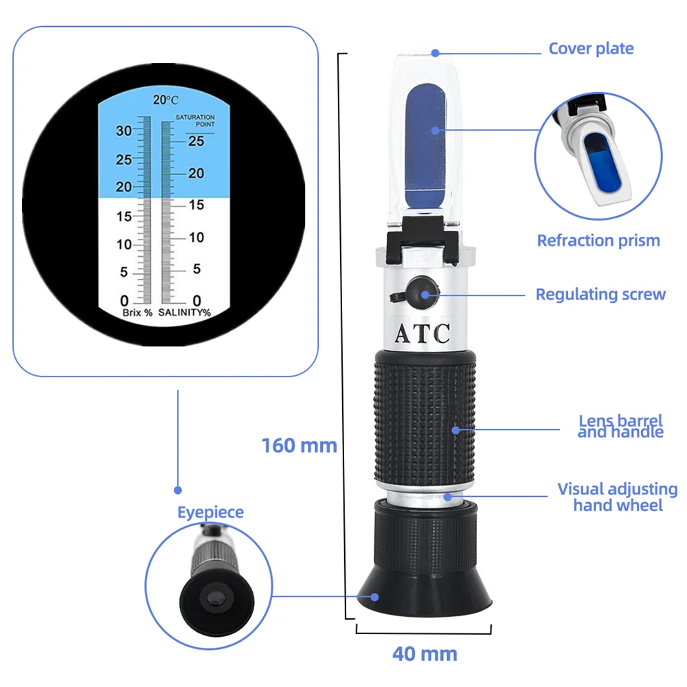 2 in 1 Handheld Brix Refractometer Tester Salinometer with ATC for Brine Fruit Beer Dual Scale Brix 0-32% Salt 0-28%