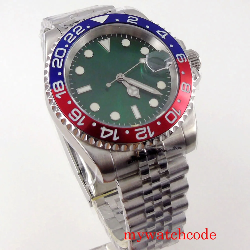 Reloj con esfera verde para hombre, cristal de zafiro estéril, NH35, MIYOTA 8215, PT5000, correa de acero automática, bisel unidireccional, 40mm