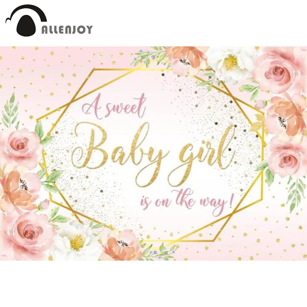 Allenjoy A Sweet Baby Girl Is On The Way Photography Backdrop Baby Shower Birthday Party Supplies Pink Flower Background Banner