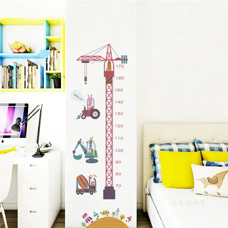 cartoon tower crane engineering car growth chart wall stickers for kids rooms decor diy height measure wall decals pvc mural