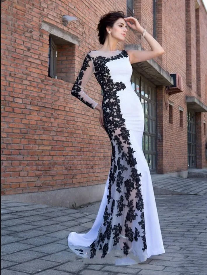 Abito da sera Sexy 2023 elegante sirena musulmana trasparente maniche lunghe Appliques pizzo una spalla Prom abiti da festa Robe De Soiree