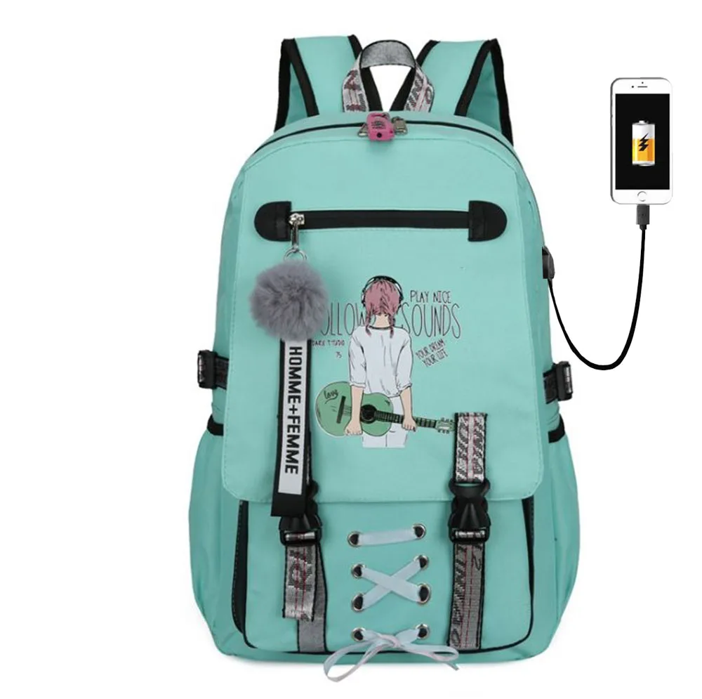 

Cute Student School Book Bag Girl Kawaii book Backpack Women green Travel Backpack Anti-theft USB Charging Laptop bag