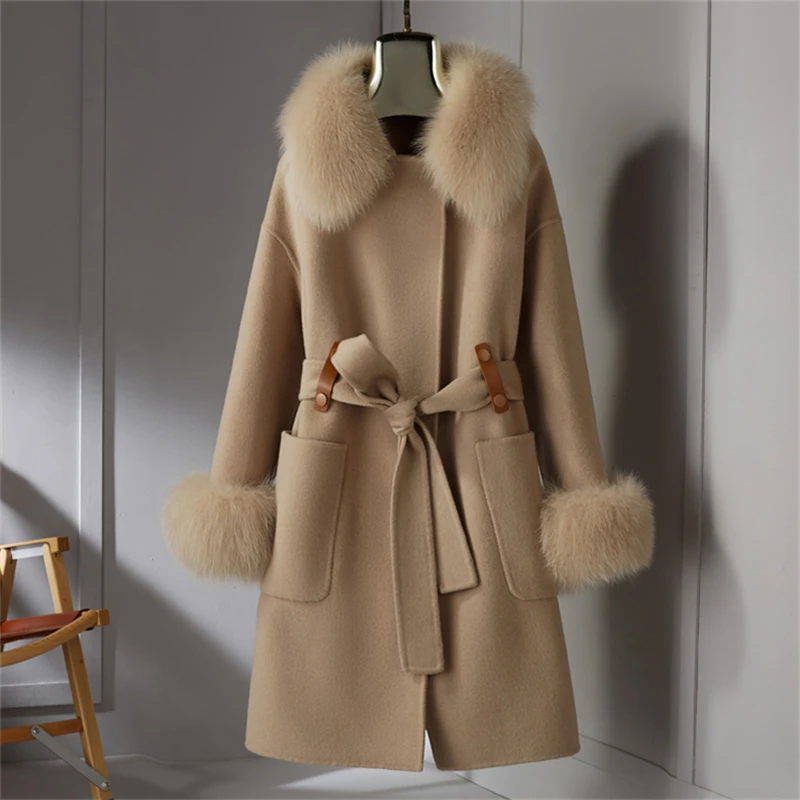 

PUDI Women Real Fox Fur Coat Trench 2021 Winter New Female Wool Blendds Coats Jackets Z21172