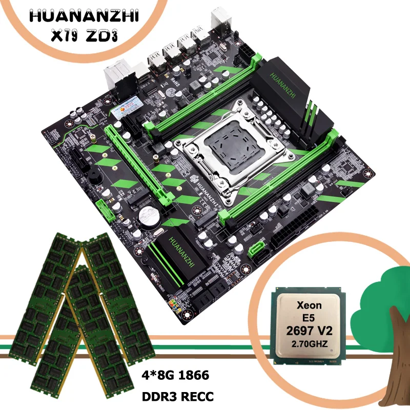 

HUANANZHI X79-ZD3 материнская плата комплект компьютерные комплектующие DIY NVMe/NGFF dual M.2 Слоты Процессор Ксеон E5 2697 V2 Оперативная память 32G(4*8G) 1866 ECC REG