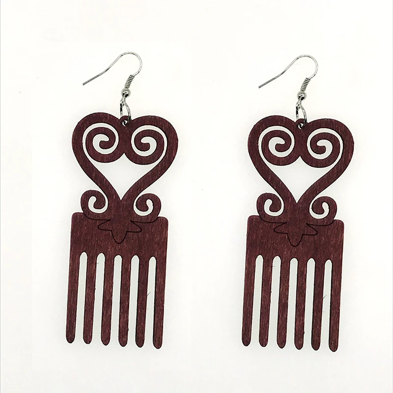 Coffee Africa Map Wood African Comb Black Queen Afro Geo Earrings Vintage Bohemia Party Club Jewelry Wooden DIY Accessories