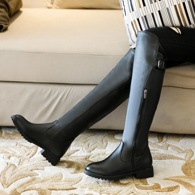 BLXQPYT-Botas hasta la rodilla de piel para mujer, zapatos cálidos con cremallera hasta el muslo, con plataforma, para otoño e invierno, tallas grandes 33-50, H8-12, 2019