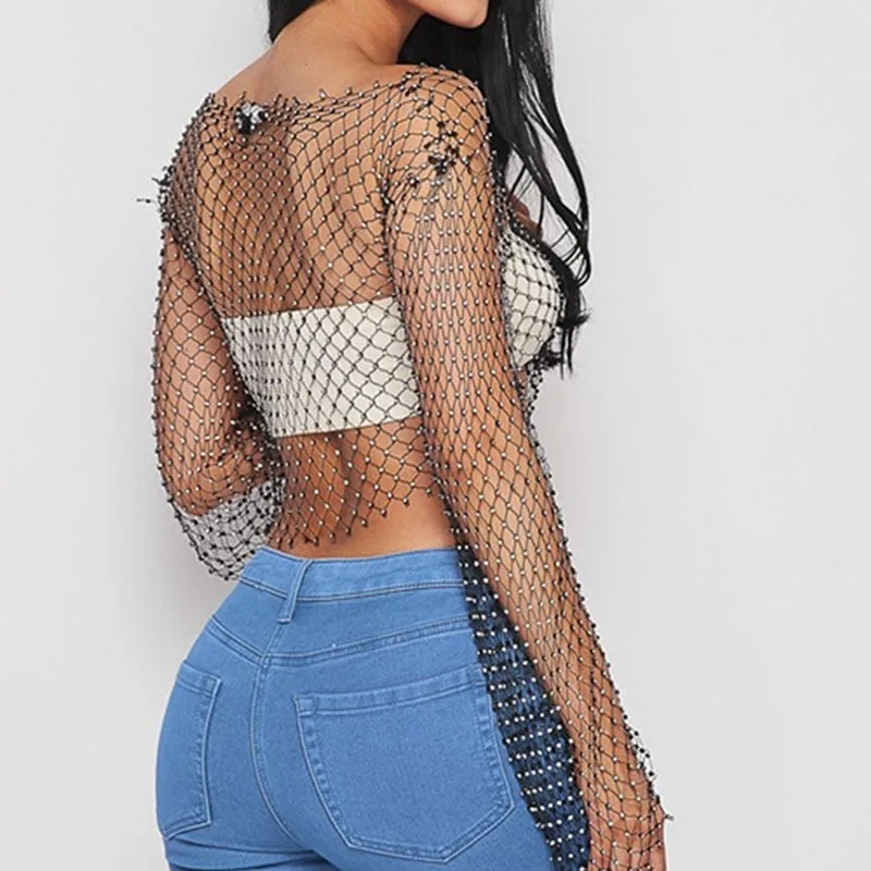 Sexy Diamonds Mesh Cropped Tank Top Women Summer Beach Bikini Long Sleeves Cover Up Fishnet Tops T Shirt