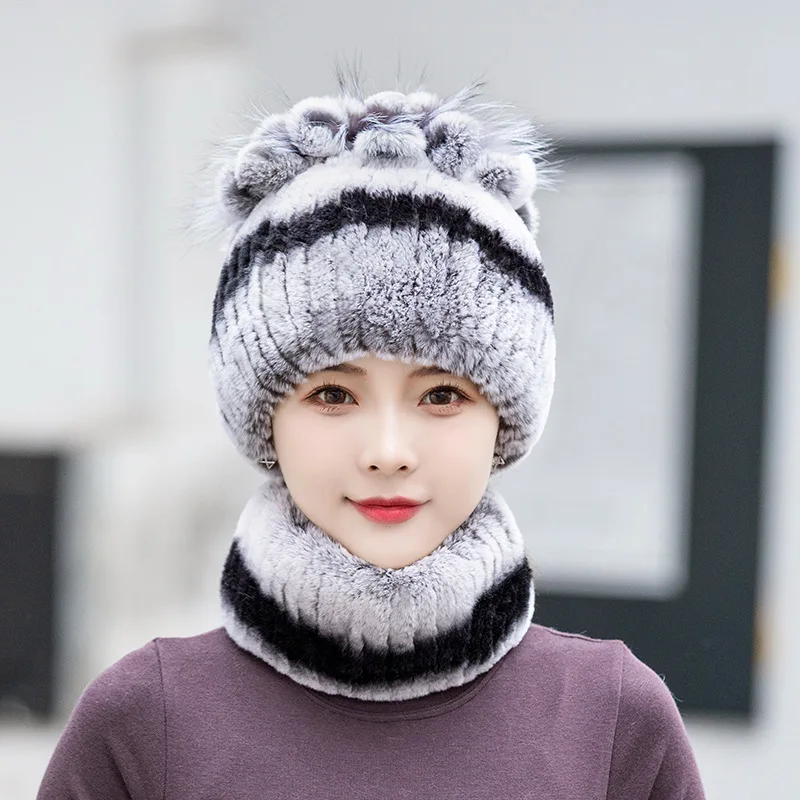 X138  Female Rex Rabbit Fur Hat Warm Ear Protection Hat Fur Thickened Mother Hat Scarf Set Natural Rex Rabbit Fur Cap Scarves