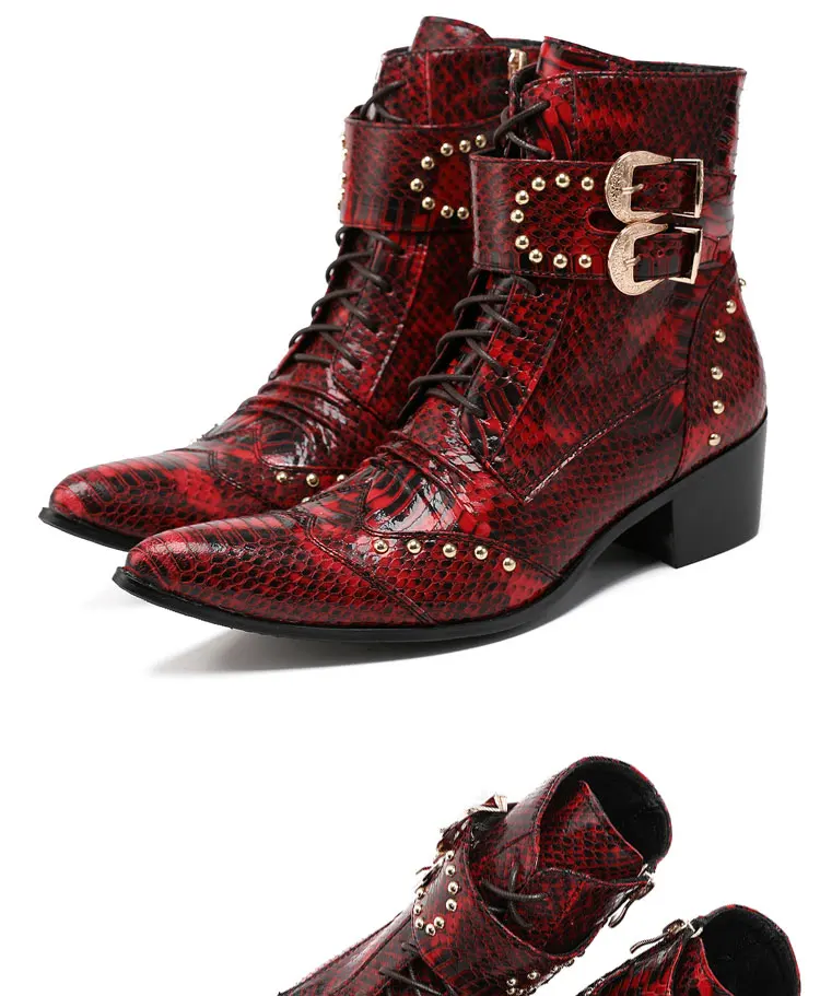 Herren Maßgefertigte Schlangenleder-Stiefel mit Nieten, Mittelhoch, Spitze Zehenkappe, Luxuriöser Singer-Modell-Stil, Bar-Party, Persönlichkeit, Herbstschuhe – Detail 14