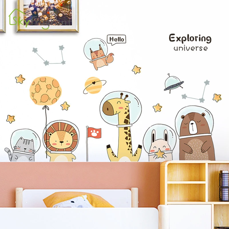 Cute Space Astronaut Animals Wall Stickers For Kids Room Home Decor Baseboard Self Adhesive Sticker Living Room Wall Decoration