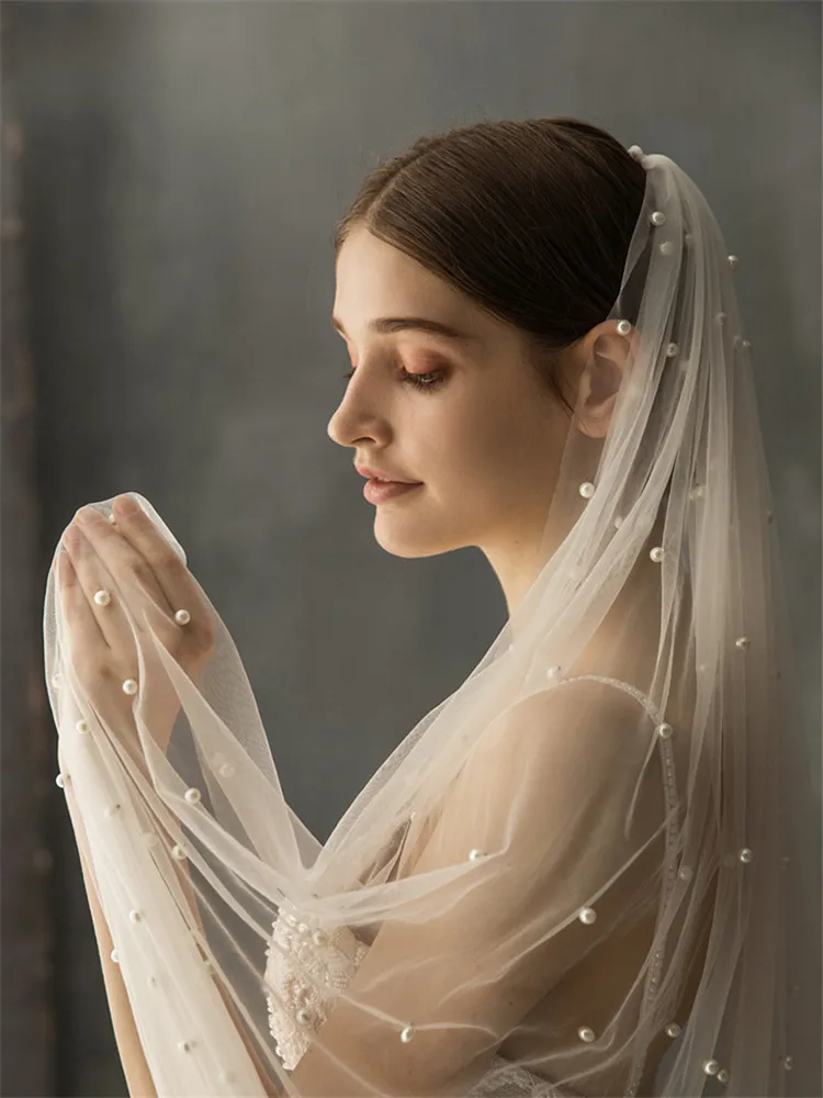 Foto reali velo di perle lunghe avorio bianco velo da sposa a uno strato velo da sposa cattedrale con perle accessori da sposa