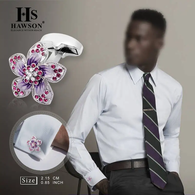 HAWSON Flowers Cufflinks with Crystal Shirt Cufflinks for Mens, Wedding Business French Shirt Cufflinks with HAWSON\'s LOGO