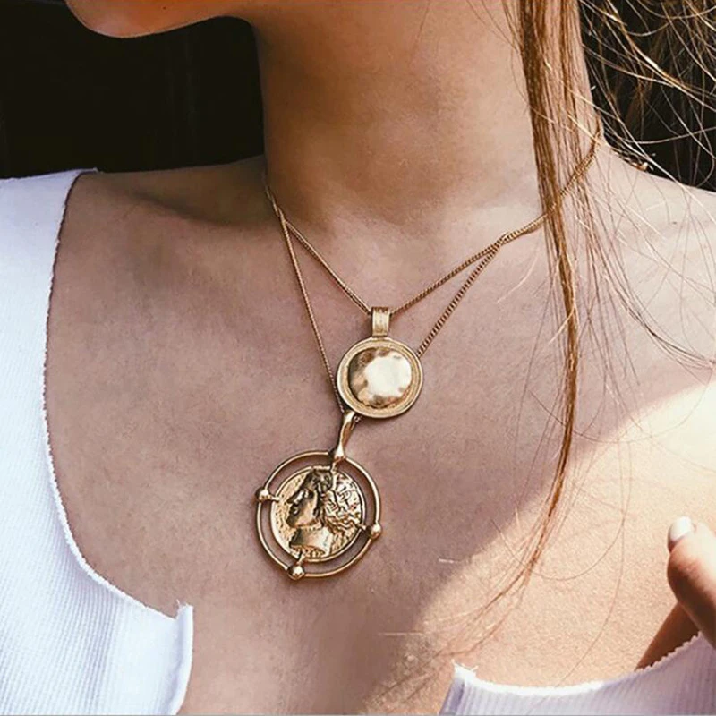 SUMENG New Gold/Silver Color Hanging Portrait Coin Chain Choker Necklace Female Layered Charms Pendant Bohemia Jewelry Gift 2024