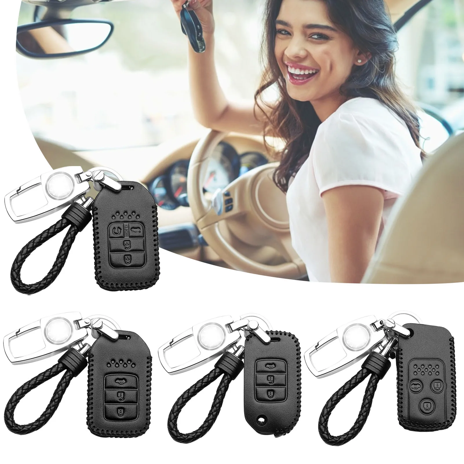 Car Key Cover Black Leather Auto Remote Car Key Shell Case Cover For Honda Civic 03/04/06/08 Keys Protector Keychain Accessories