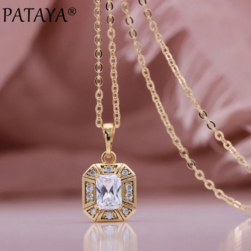 PATAYA New Fine Square Natural Zircon Women Pendant 585 Rose Gold Color Long Necklace Wedding Romantic Life Gift Fashion Jewelry