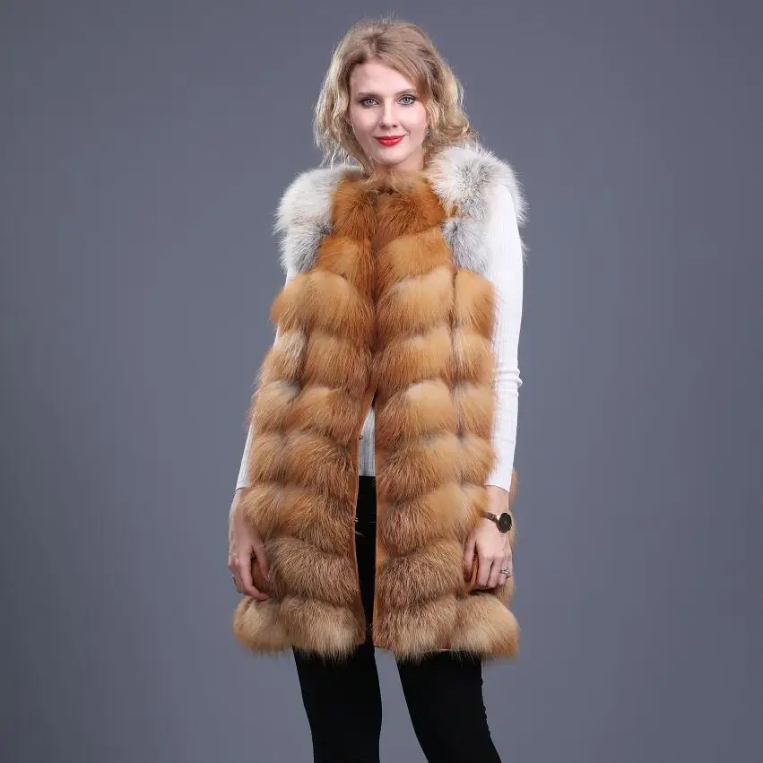 Damska kamizelka z naturalnego futra lisa rudego, kamizelki z prawdziwego futra lisa, prawdziwe futro, casual, ciepła, moda europejska, zima, nowość