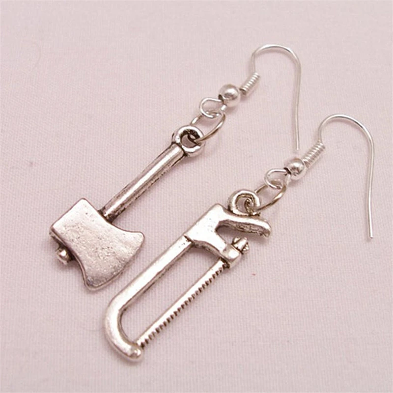 Metal Axe and Saw Tool Charm Earrings Tool Jewelry Miniature Tool Earrings Axe and Saw Earrings Mismatch Earrings