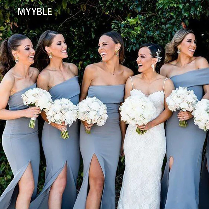 MYYBLE Dusty Blue Cheap Long Bridesmaid Dresses Strapless Satin Side Split Sheath Designer Country Bridesmaid Party Prom Dress