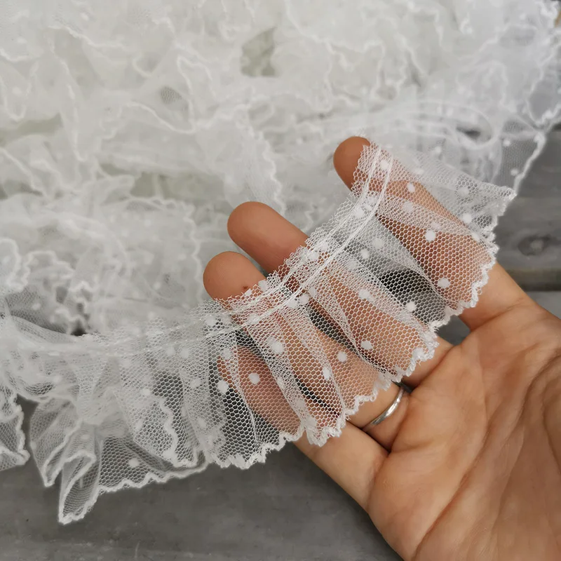 

14yards 4.5cm Off-White Gauze Bleached Flocking Polka-dot Dog Tooth Edge Lace Trimming Cuff Collar Baby Dress DIY Accessories