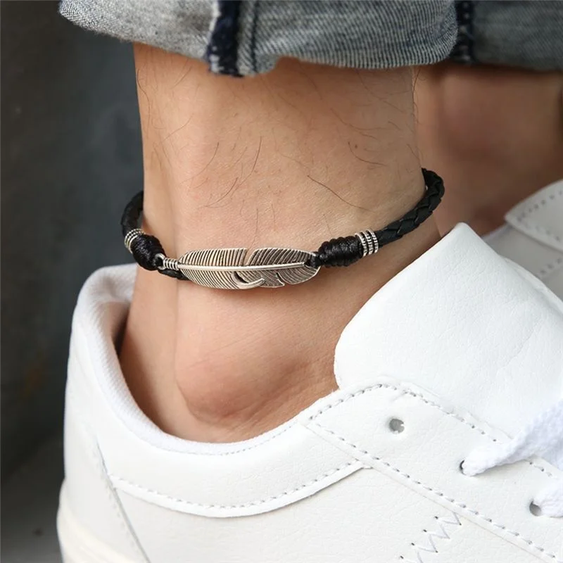 Tobilleras de hojas simples y frescas hechas a mano ajustables, cuerda ajustable tejida, pulsera de pie de la suerte para mujeres y hombres, joyería