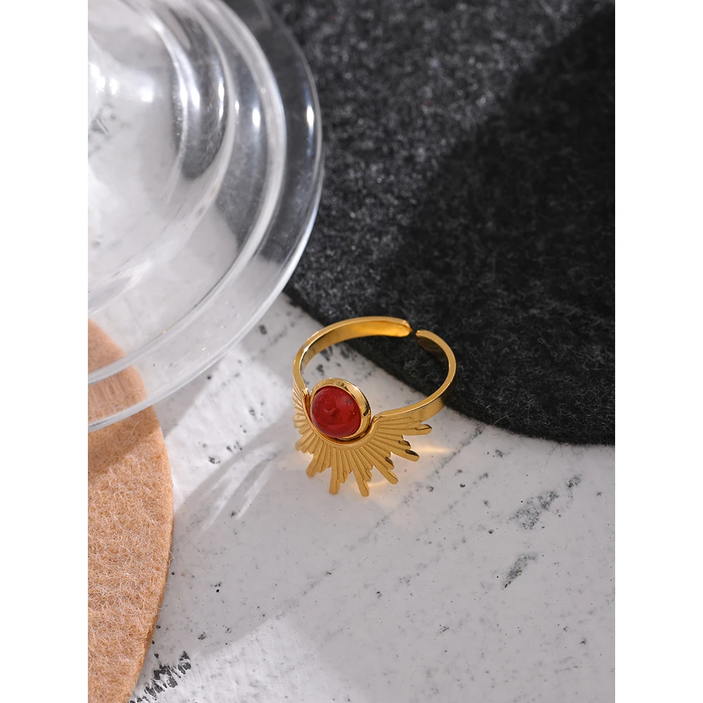 Yhpup Stainless Steel Red Natural Stone Ring Trendy Metal 18 K Opening Finger French Ring for Women Anillos Mujer Party Gift