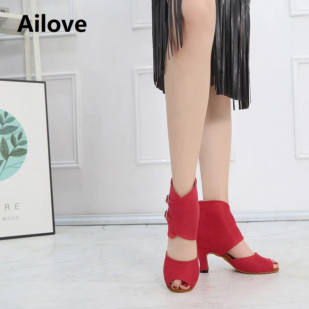 Ailove mulheres ballroom latin dança botas senhora salsa profissional sapatos de dança camurça vermelha social danc sandálias s039