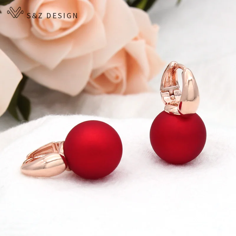 S&Z DESIGN Fashion Big Round Imitation Pearl Dangle Earrings For Women 585 Rose Gold Color Wedding Jewelry