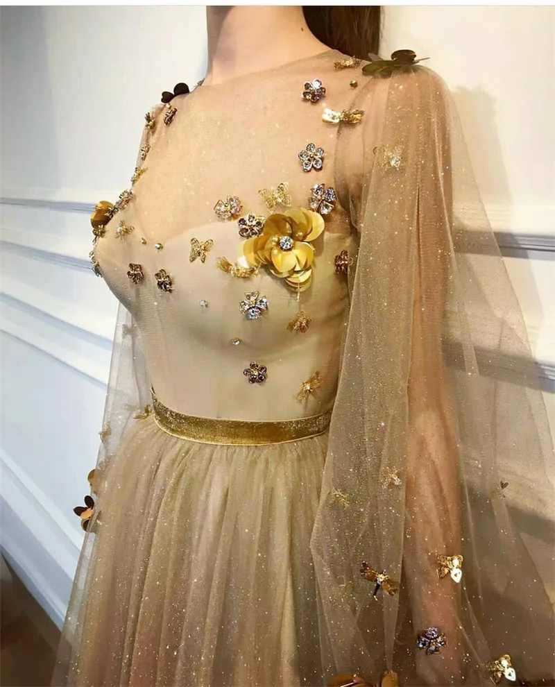 Jóias de ouro vestido de Baile Vestido 2020 Lantejoula Tulle Mangas Compridas Pescoço Flores A Linha de Trem Da Varredura Vestidos de Noite платья знаменитостей