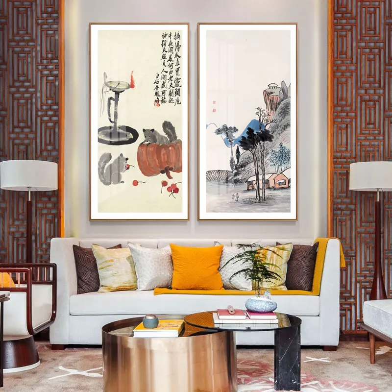 Chinese style canvas painting ink art combination decorative painting Chinese painter Qi Baishi large-scale vertical art