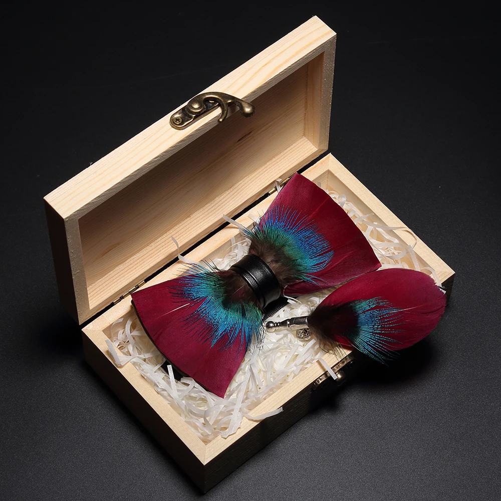 GUSLESON Original New Design Natural Feather Bow tie Exquisite Hand Made Mens BowTie Brooch Pin Wooden Gift Box Set for Wedding