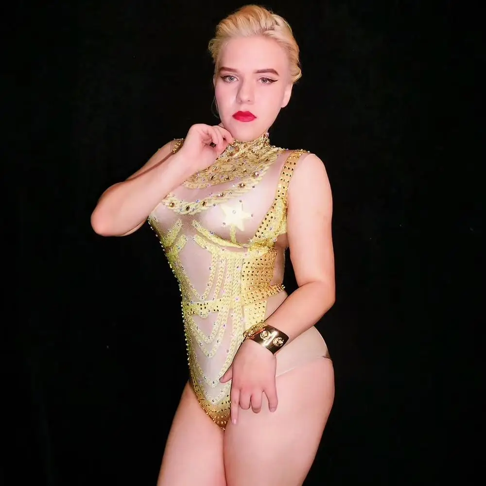 Christia Bella Sexy Gold Strass Paaldansen Bodysuits Vrouwen Stretch Jumpsuits Stadium Slijtage Nachtclub Party Dance Kostuums