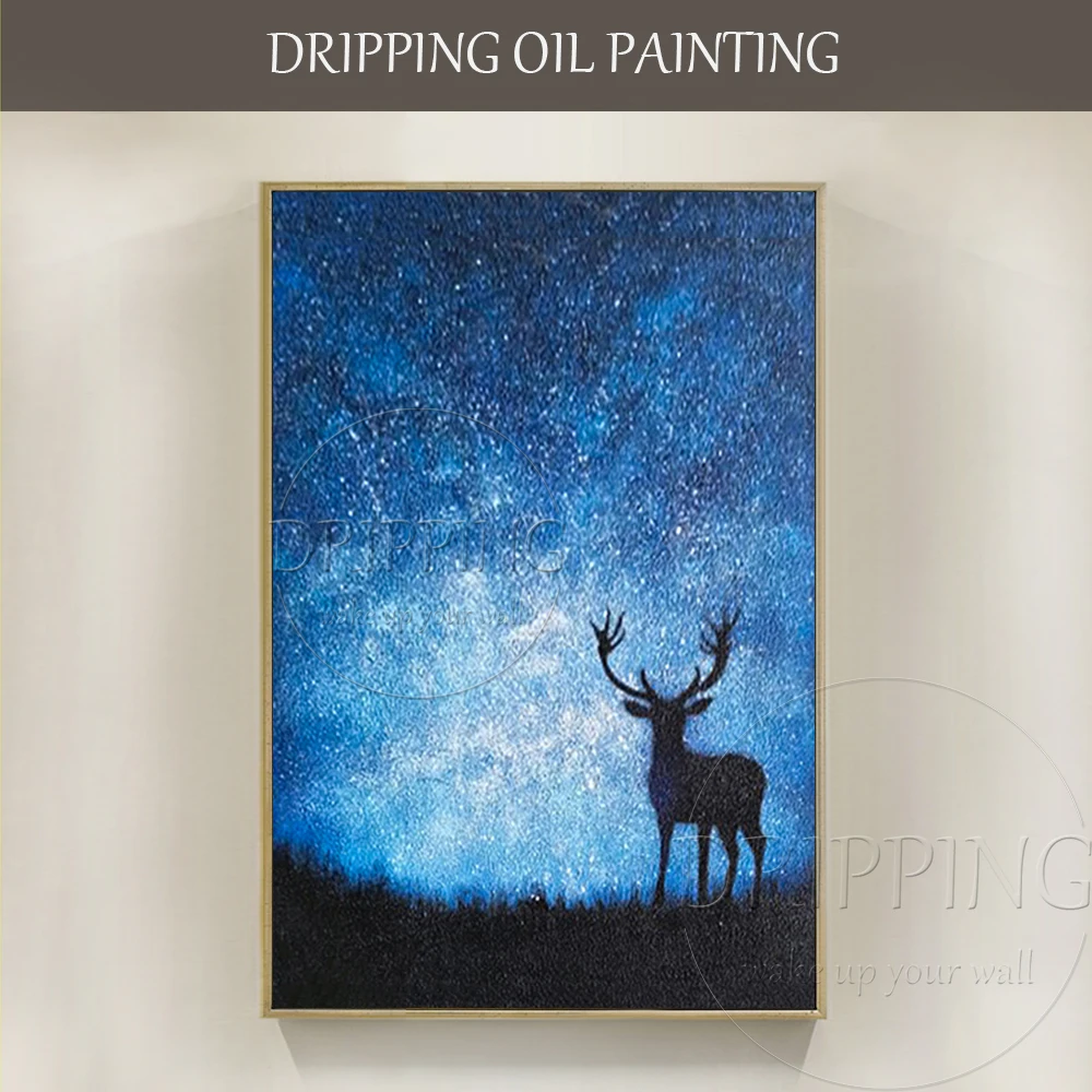 

Hand-painted High Quality Abstract Blue Sky Landscape Oil Painting Abstract Moonlight Starry Sky Landscape and Deer Oil Painting