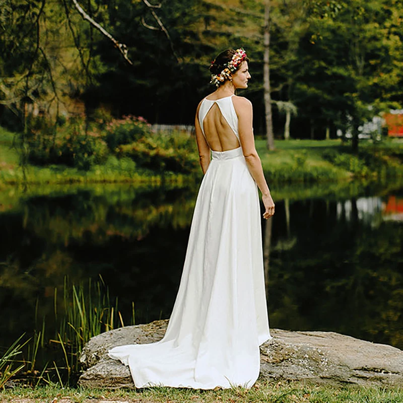 Boho chiffon halter uma linha vestido de casamento varredura trem feito sob encomenda fechadura marfim fora do branco mais tamanho simples vestido de noiva sem costas