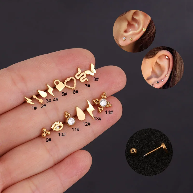 Pendiente de acero inoxidable para cartílago pequeño, pendiente de tuerca de circonita cúbica, hélice Tragus, Concha, tornillo trasero, joyería para