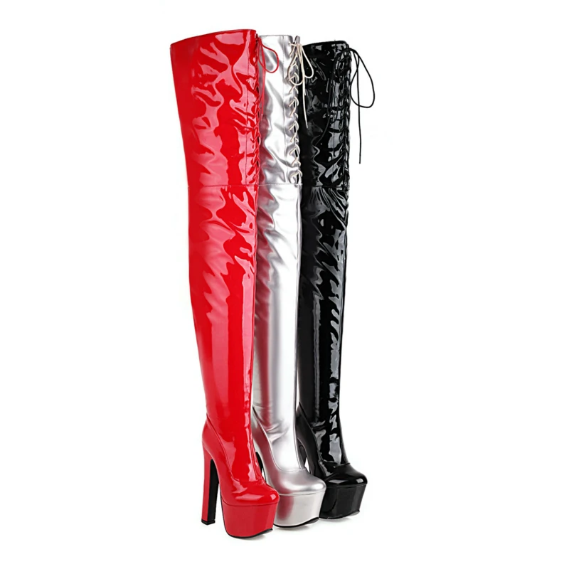 Sgesvier Fashion Over the Knee Women High Heels Platform Thigh Long Boots Lace-up Black Red Fetish Boots Dance Ladies Shoes