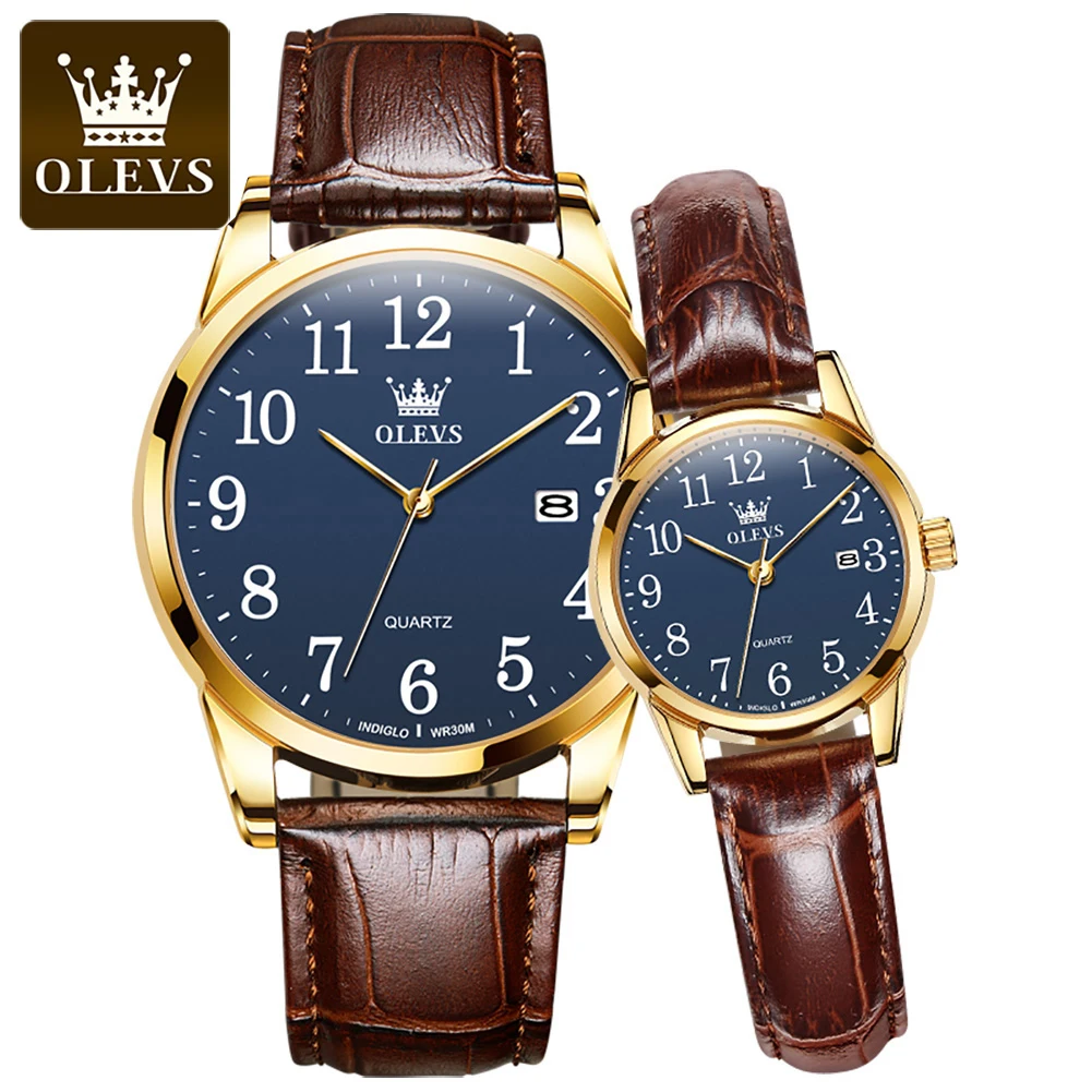 OLEVS-Reloj de pulsera de cuarzo azul para hombre y mujer, cronógrafo de lujo, sencillo, informal, con fecha, resistente al agua, regalo para pareja, 5566